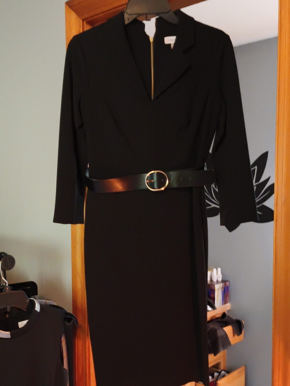 Calvin Klein Black Long-Sleeve Belted Sheath Dress